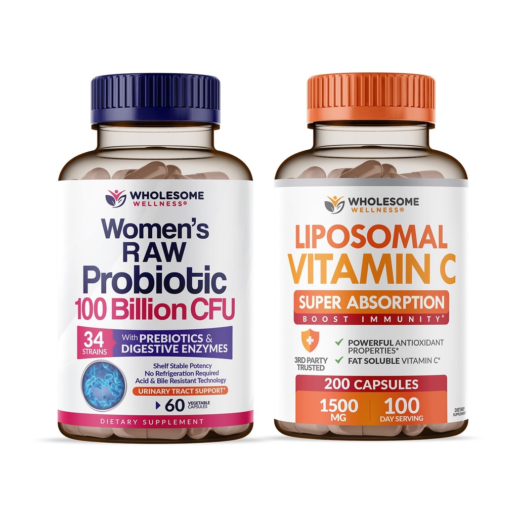 Probiotiques de bien-être sain pour les femmes 100 milliards d'UFC avec prébiotiques, enzymes digestives + capsules de vitamine C liposomique Absorption élevée, supplément acide ascorbique