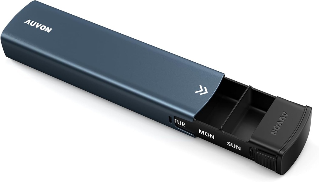 AUVON Metall Weekly Pill Organizer mit Slide Design, stilvolle Reise Pille Box 7 Tag für Datenschutz, Aluminium-Legierung Pille Case mit großen Bestandteil für Ergänzungen, Fischöl (Dark Blue)