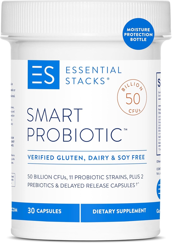 Essential Stacks Smart Probiotic - 50 Billion CFUs, 11 Probiotic Strains, 2 Prebiotics, Delayed Release Capsules - Eine tägliche probiotische Präbiotikum für Frauen und Männer (30 Kapseln)