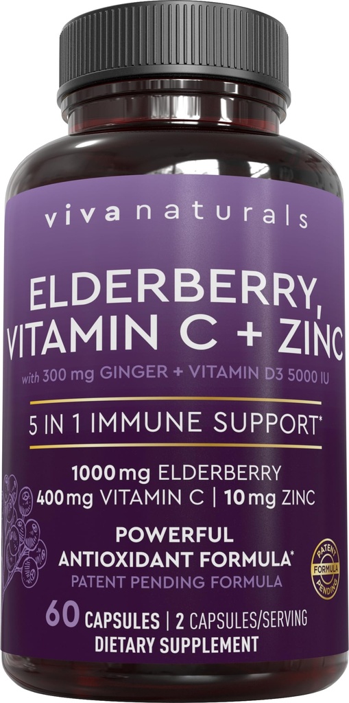 Viva Naturals Black Elderberry mit Vitamin C und Zink für Erwachsene (60 Count) - Sambucus Elderberry Immun Support Supplement, Black Elderberry Kapseln für Erwachsene, Elderberry Ergänzungen für Frauen