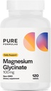 PureFormulas Magnésium Glycinate 100 mg Support quotidien pour le stress, les nerfs, le sommeil, les muscles, le métabolisme Supplément de Glycinate de Magnésium pur pour les femmes et les hommes Magnésio Non-OGM 120 Comprimés