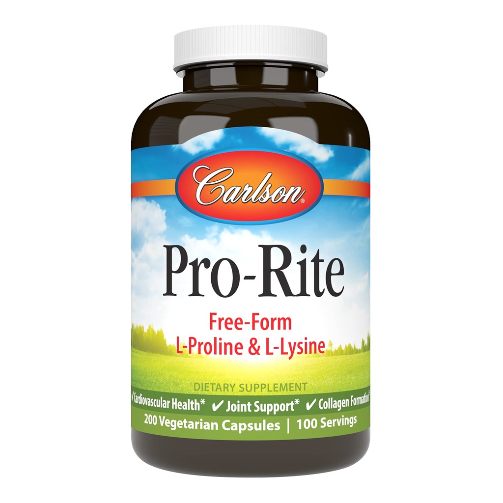 Carlson - Pro-Rite, Free-Form L-Proline et L-Lysine, Santé, Soutien interarmées et Formation de collagène, 200 Capsules