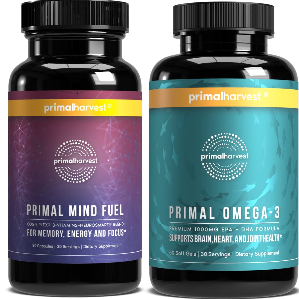 Primal Harvest Mind Fuel & Omega 3 Ergänzungen für Frauen und Männer Fish Oil Kapseln und Mind Fuel Brain Booster Pillen Bundle