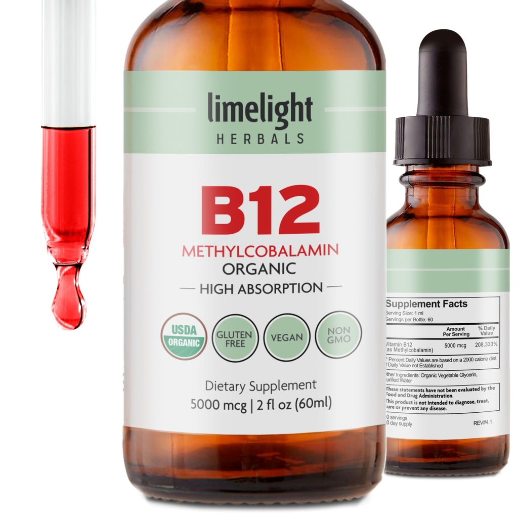 USDA Organic Vitamin B12 Flüssige Tropfen – 5000 mcg Methylcobalamin – Sublingual, Fast-Absorbing Vegan Supplement – Energie, Stoffwechsel, Gehirn, Herz und Immununterstützung – Alkoholfrei, 60 Servierungen, USA Made