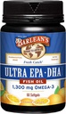 Barlean's Omega 3 Suppléments à l'huile de poisson, suppléments softgels pour les hommes et les femmes, 1300 mg d'acides gras de l'EPA et du DHA, aromatisé orange, 60 Compte