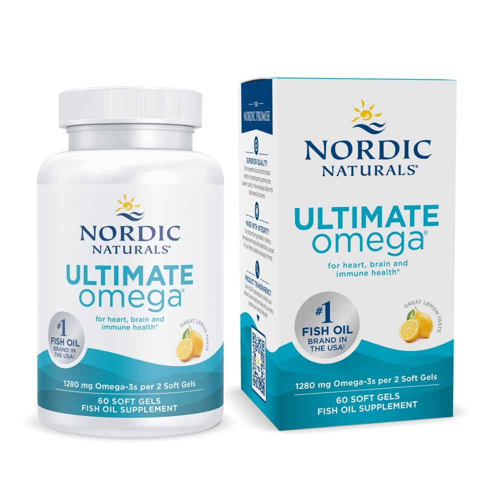 Nordic Naturals Ultimate Omega, Lemon Flavor - 60 Soft Gels - 1280 mg Omega-3 - High-Potency Fish Oil Supplement mit EPA & DHA - Fördert Gehirn & Herz Gesundheit - Non-GMO - 30 Servietten