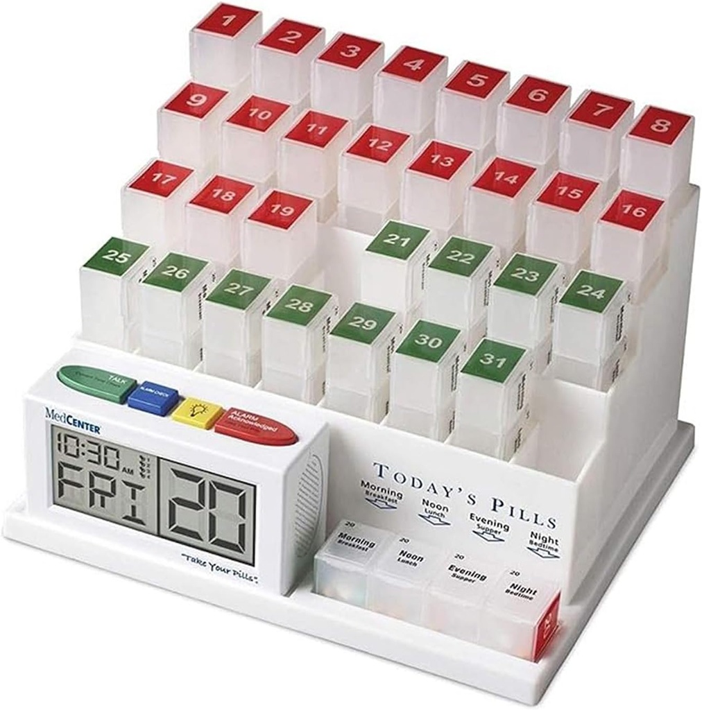Medcenter Monatliche Pille Organizer System 4 Mal pro Tag, 31 Tage Pille Organizer Box mit Talk Alarm Reminding System, Monatliche Pille Box für tägliche Medikamente, Geschenk für Mama, Papa, Älter