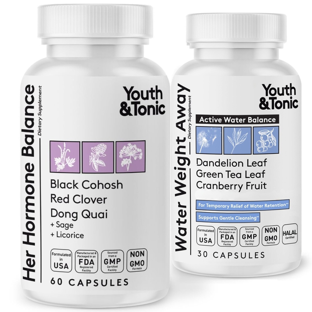 Youth & Tonic PMS & Ménopause Bloating Relief Duo – Support pour le puffines, l'équilibre hormonal et la rétention des fluides – Son bilan hormonal + poids de l'eau loin Herbes naturelles pour les femmes, 90 Capsules