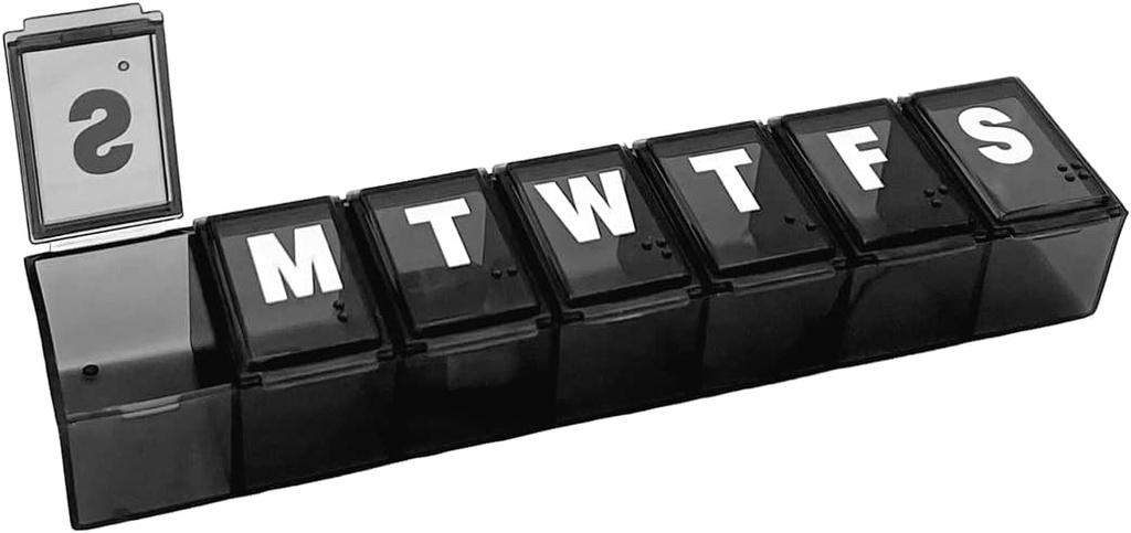 Amazon Basic Care Weekly (7 jours) Organisateur de pilules, planificateur de vitamines, et boîte de médicaments, compartiments moyens, noir