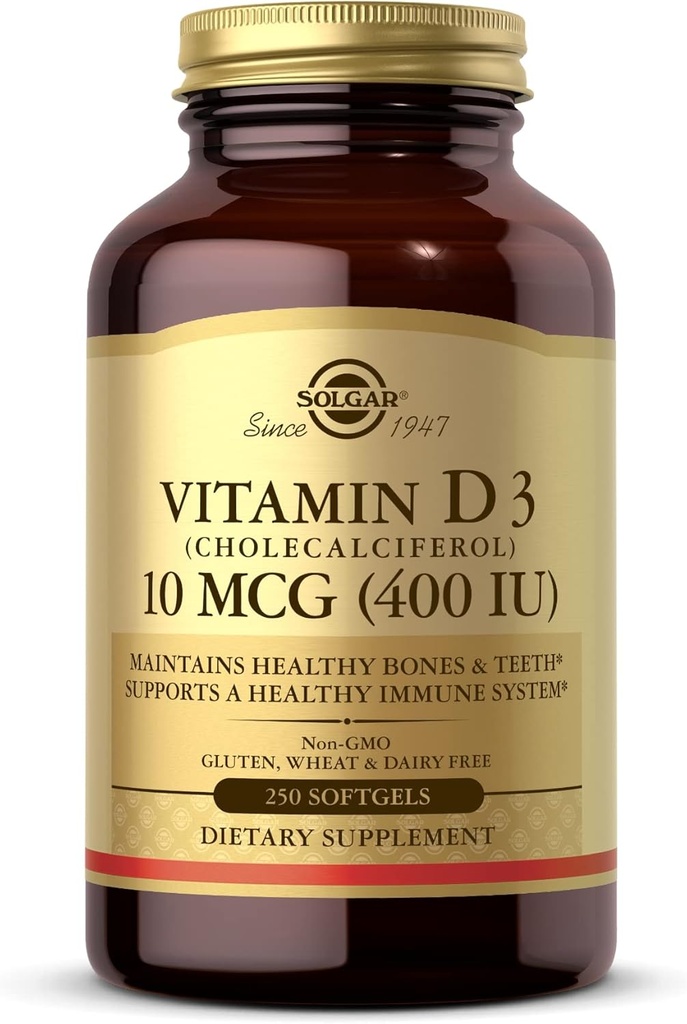 Solgar Vitamin D3 (Cholecalciferol) 10 MCG (400 IU), 250 Softgels - Hilft gesunde Knochen und Zähne - Immunsystem-Unterstützung - Non-GMO, Glutenfrei, Dairy Free - 250 Servietten