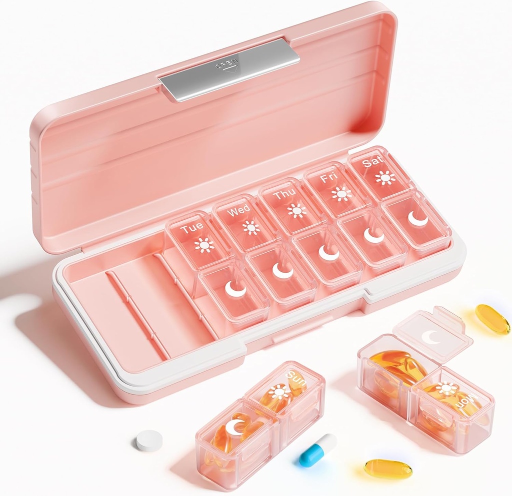 Betife AM PM Pill Organizer 2 fois par jour, 7 jours Pill Box Weekly Pill Organizer Travel with Separate Container, Portable Daily Medicine Planner Dispenser Case for Vitamine, Fish Oils, Suppléments