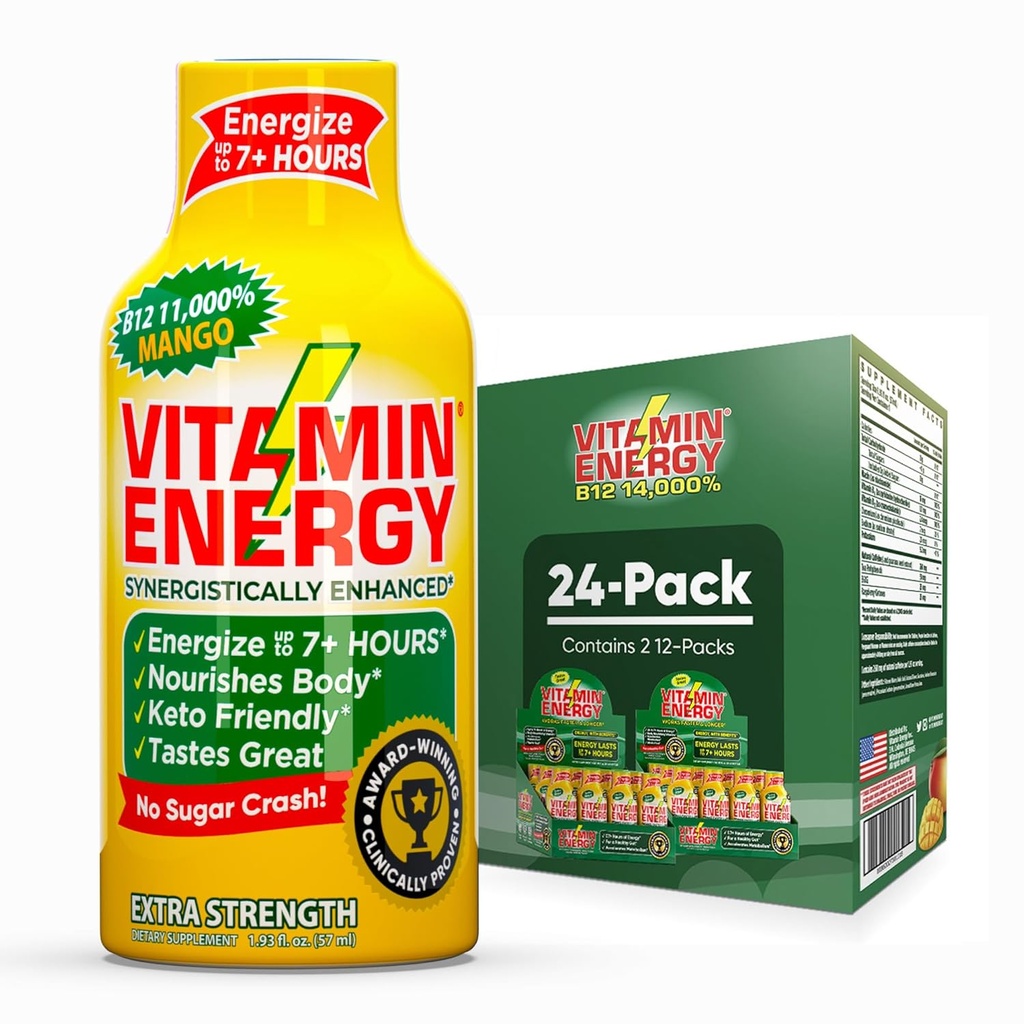 Vitamin Energy B12 11.000% Extra Strength Energy Shot Mango 24 Pack, 260mg Natural Caffeine, B12 & B6, Nootropic Focus, Vitalität, Zero Sugar, Gluten-Free, Vegan, Kosher, 1.93 fl oz