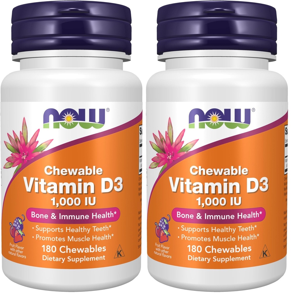 JETZT Ergänzungen, Vitamin D-3 1.000 IU, Natürliche Frucht Geschmack, Strukturelle Unterstützung*, 180 Chewables (Pack von 2)