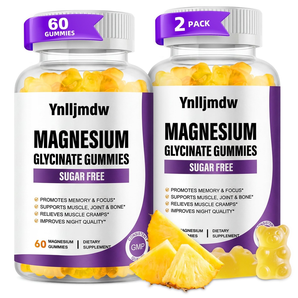 (2 Pack) Magnesium-Glycinat-Gummien 500mg, High-Absorption Magnesium-Ergänzung mit Calcium & Vitamine, Unterstützung Knochen, Muskel, Nacht, Gedächtnis & Stimmung, Vegan, Non-GMO, 60 Zähler, Ananas Flavor