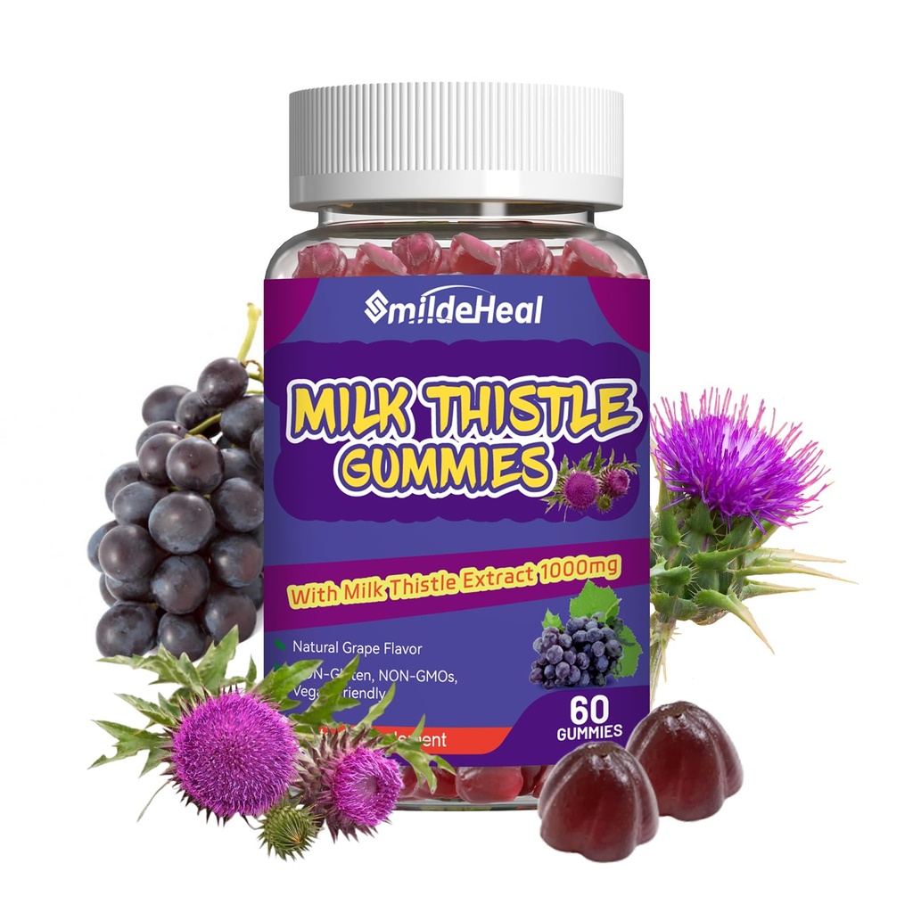 Milchdistel-Gummien, Milchdistel-Extrakt 1000mg, Leber-Detox, Antioxidantien-Unterstützung, Nicht-GVO, Nicht-Gluten, Vegan, Milchdistel-Ergänzung, 60 Zähler