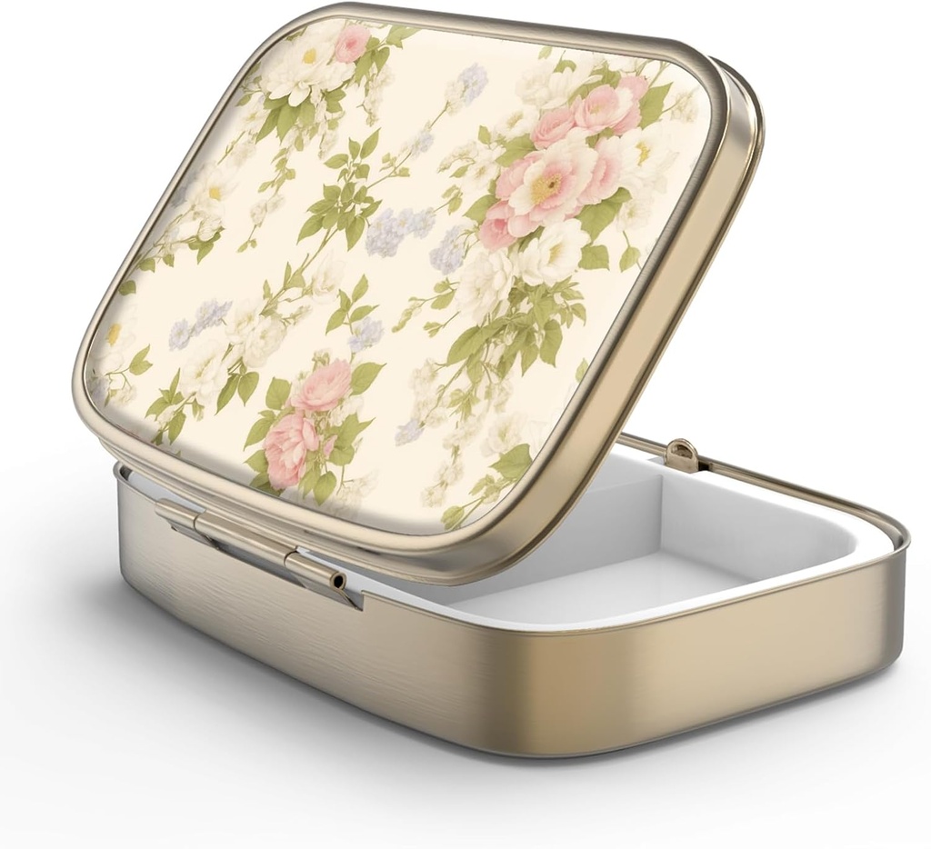 Pill Case Pill Box with Mirror Retro 2 Compartiment Petite Pill Case for Purse or Pocket Bronze Rectangulaire Pill Box or Vitamines, Huile de poisson, Suppléments, Pill Containe Travel Gifts (Vintage Floral)