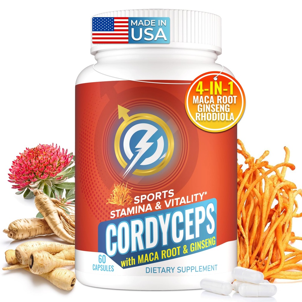 Cordyceps Mushroom Capsules - Immun- & Energie-Supplement mit Cordyceps Militaris, Maca Root, Ginseng, Rhodiola, Pilz-Ergänzung für Endurance, Stamina, sportliche Leistung, 60 Kapseln