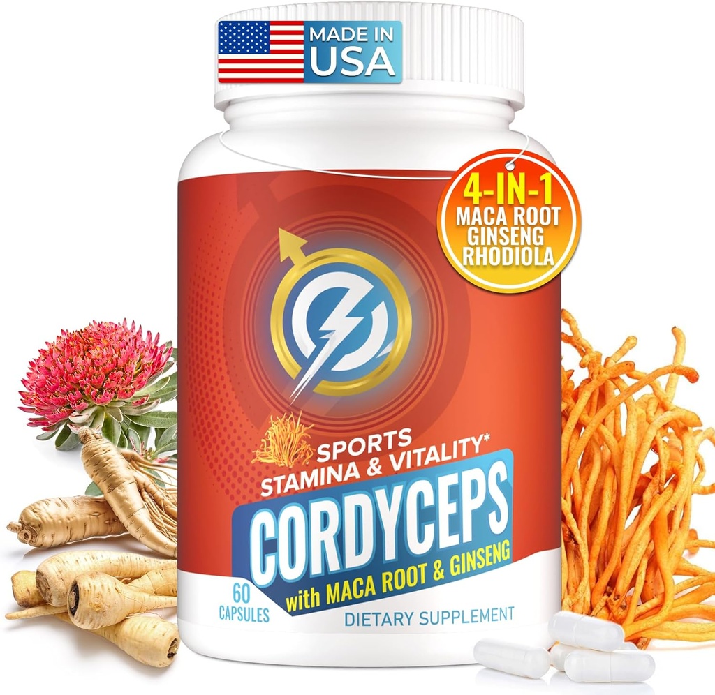 Cordyceps Mushroom Capsules - Immun- & Energie-Supplement mit Cordyceps Militaris, Maca Root, Ginseng, Rhodiola, Pilz-Ergänzung für Endurance, Stamina, sportliche Leistung, 60 Kapseln