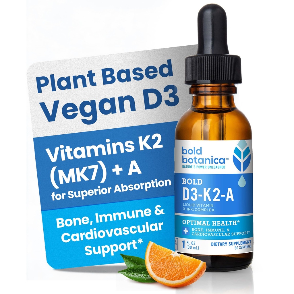 Bold Botanica D3-K2-A, Flüssiger Vitamin-Komplex, Vegan D3 aus Bio-Algen mit Vitamin K2 (MK7) und A für Immununterstützung, Natürliche Orange Flavor, schmeckt köstlich, 1 FL OZ (30mL)