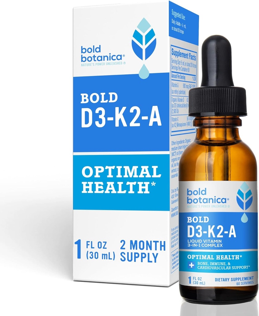 Bold Botanica D3-K2-A, Flüssiger Vitamin-Komplex, Vegan D3 aus Bio-Algen mit Vitamin K2 (MK7) und A für Immununterstützung, Natürliche Orange Flavor, schmeckt köstlich, 1 FL OZ (30mL)