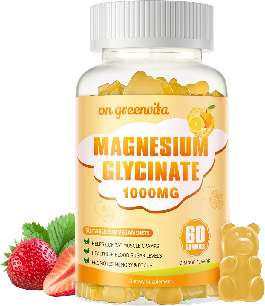 Magnesium Glycinate Gummies 1000mg - Zuckerfreie Magnesium-Kalium-Ergänzung mit Vitamin D, B6, CoQ10 für ruhige Stimmung & Schlaf-Unterstützung - 60 Orange Gummies