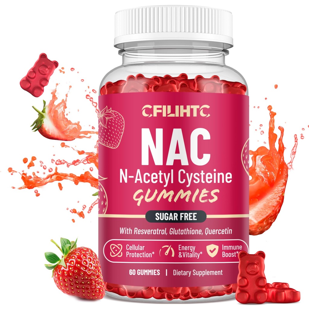 CFILIHTC NAC Gummies 600mg, N Acetyl Cystein Supplement mit Glutathion, Resveratrol, Magnesium, CoQ10, NAC Kaubar für Antioxidantien & Immununterstützung, Erdbeeren Flavor 60 Gummis