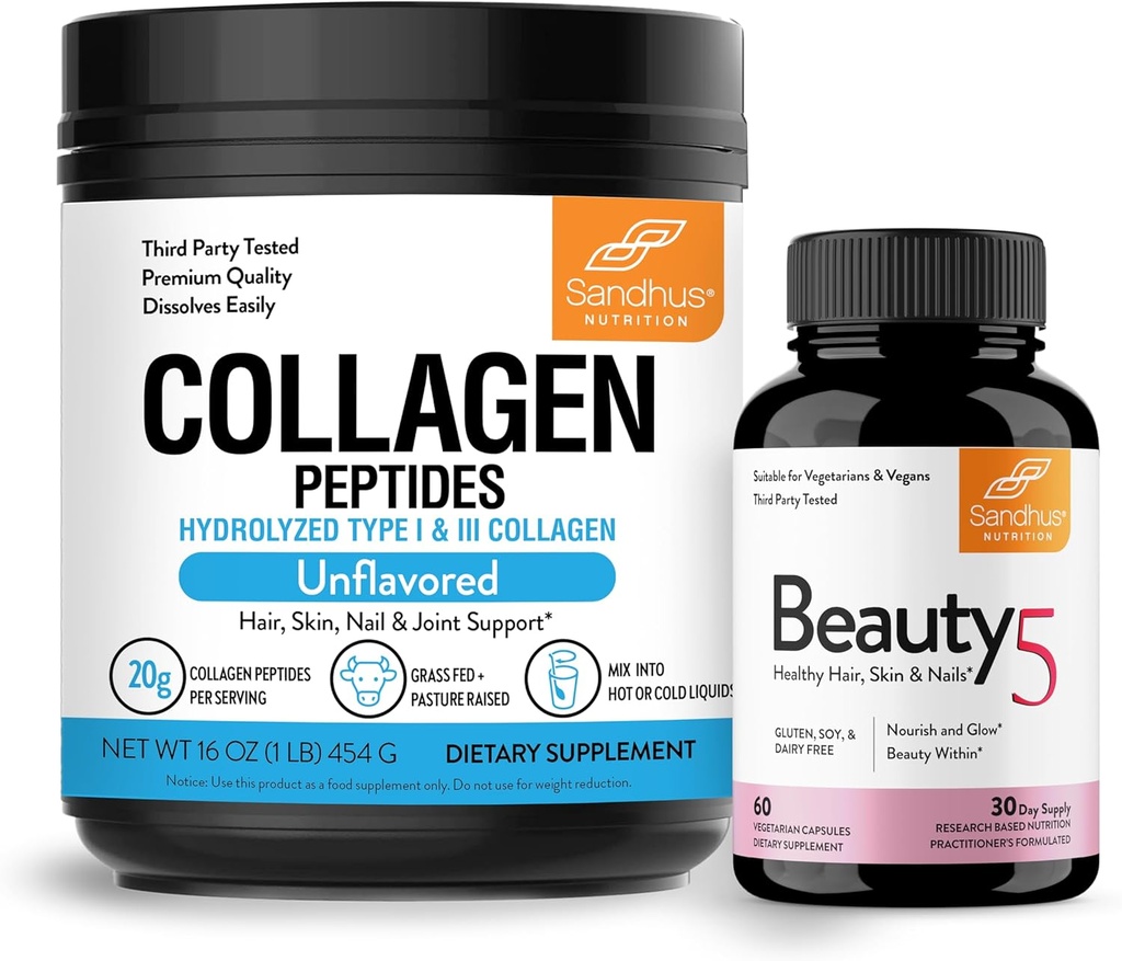 Sandhu's Gras-Fed Collagen Peptides Powder & Beauty 5 Capsules| Skin Supplements| Fördert Haut, Haar, Nagelgesundheit
