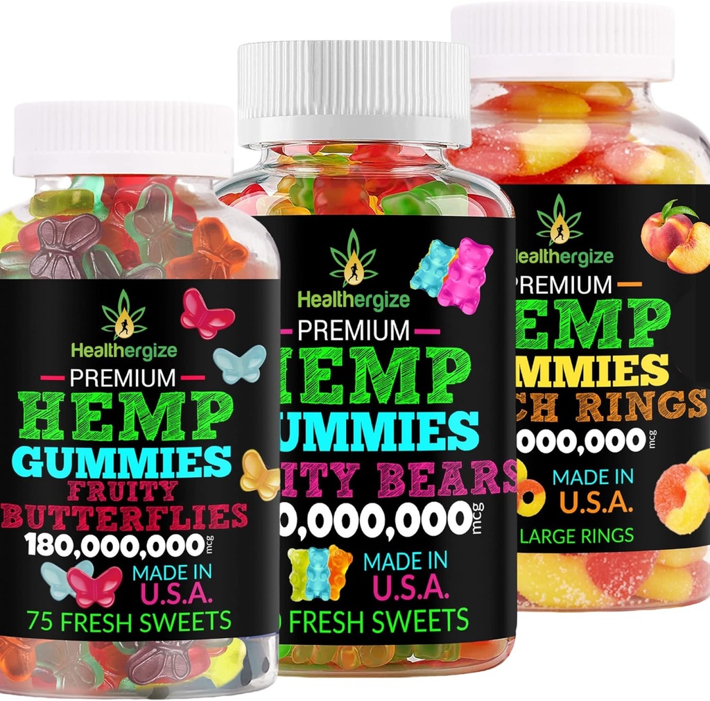 3PACK Hanfgummis Premium-Hempoil Gummy Bears, Frucht Schmetterlinge und frische Pfirsichringe-für Schlaf, ruhig, entspannen, Muskeln, Rücken, Unglück, Entzündung-Natural Party-Made in USA