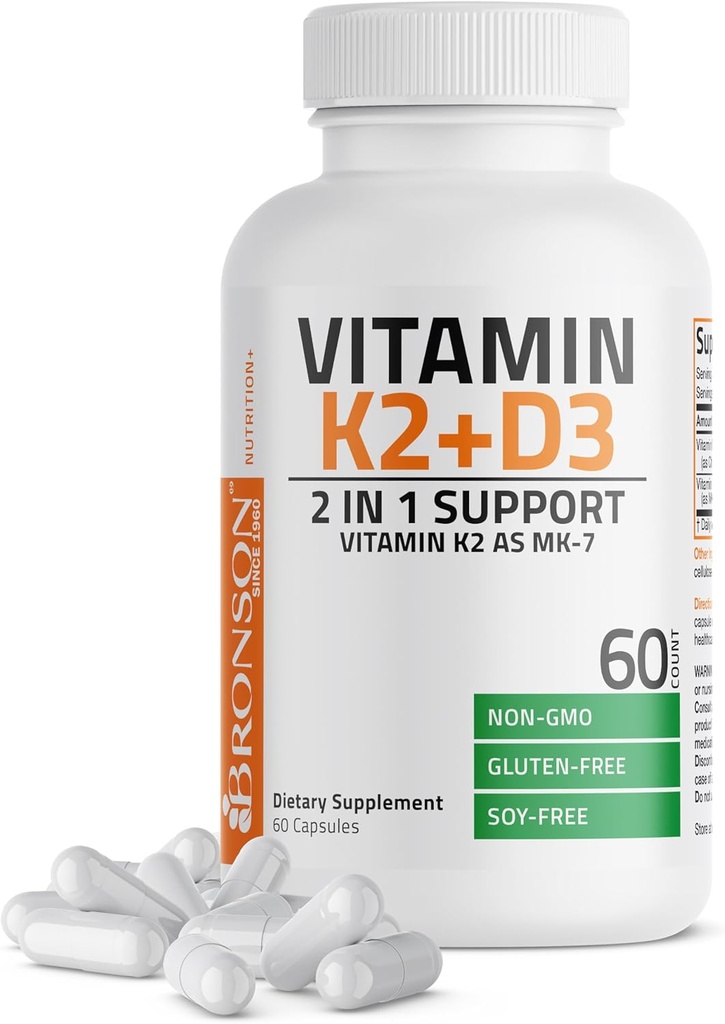 Bronson Vitamin K2 D3 (MK7) Supplement Non-GMO-Formulierung Vitamin D3 5000IU (125 mcg) & 90 mcg K2 MK-7, Easy to Swallow D & K Complex, 60 Kapseln