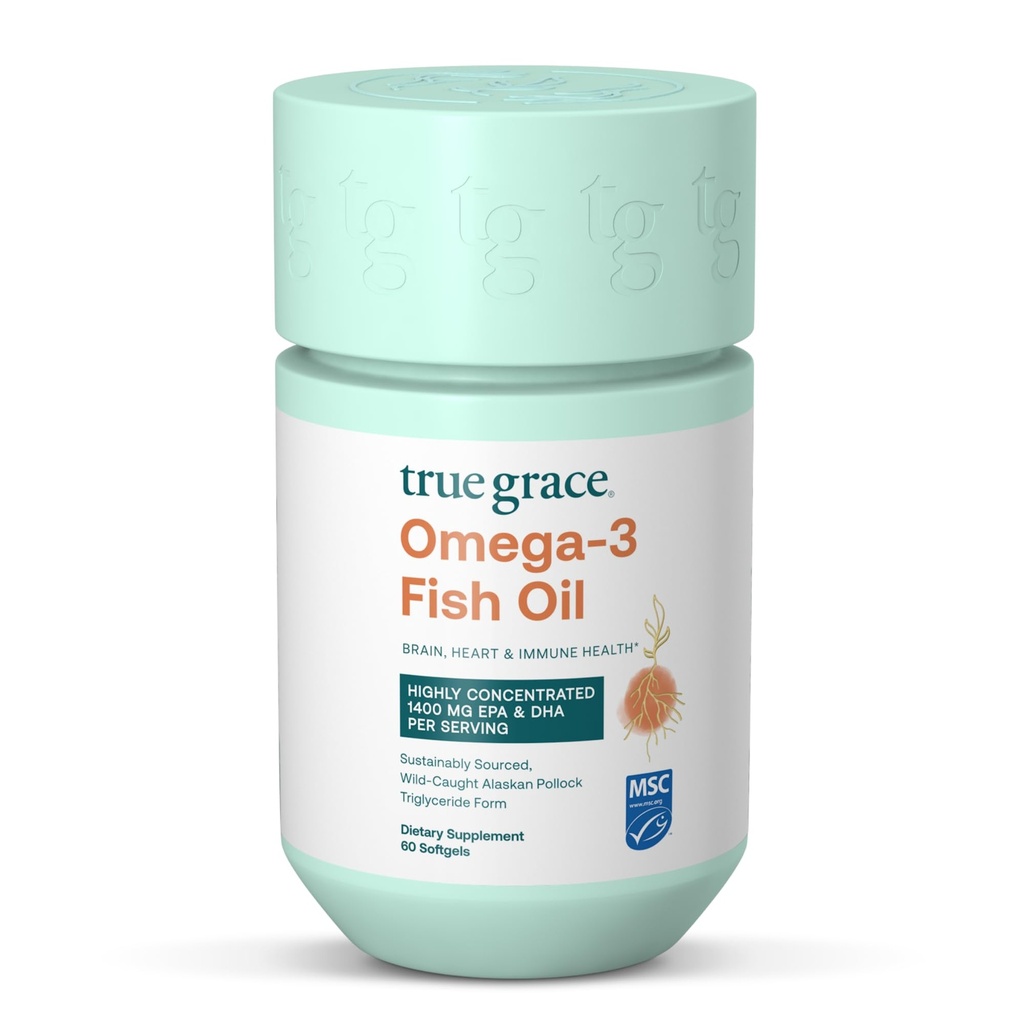 True Grace Omega-3 Fish Oil - 60 Softgels - 1400 mg EPA + DHA - Gehirn, Herz, Gelenk & Immune Gesundheit - Organisch, Glutenfrei, Sojafrei