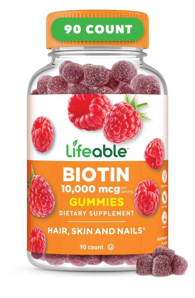Biotine vivace Gummies de 10 000 mcg , Grande Dégustation de la peau et des ongles Gummies , Supplément de biotine végétalien sans OGM , Peau et ongles Vitamines pour les femmes 90 Gummies