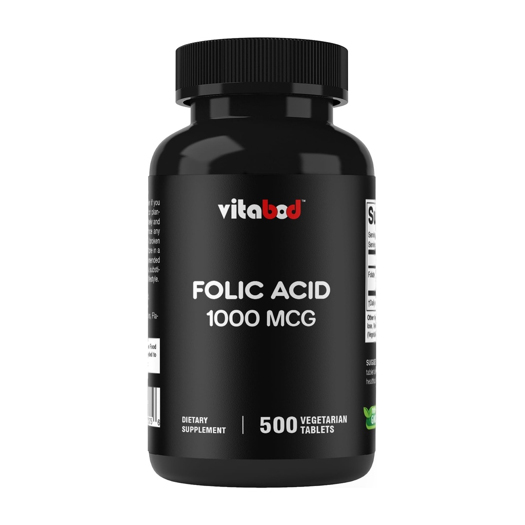 Acide folique 1 mg (1000 mcg) (Vitamine B9) - 500 comprimés végétariens - une vitamine prénatale et postnatale essentielle