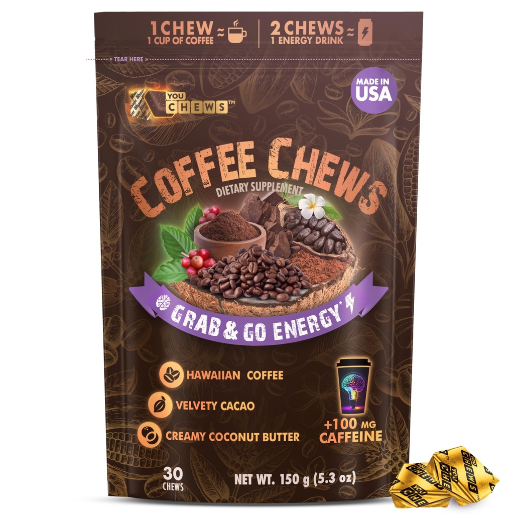 YouChews Coffee Chews - Grab & Go Energy mit 100mg pro Chew von Clean, Green Caffeine. Mit echten organischen Inhaltsstoffen, Low Sugar, Great Bold Taste & Long Lasting Energy Boost (30 Chews Pack)