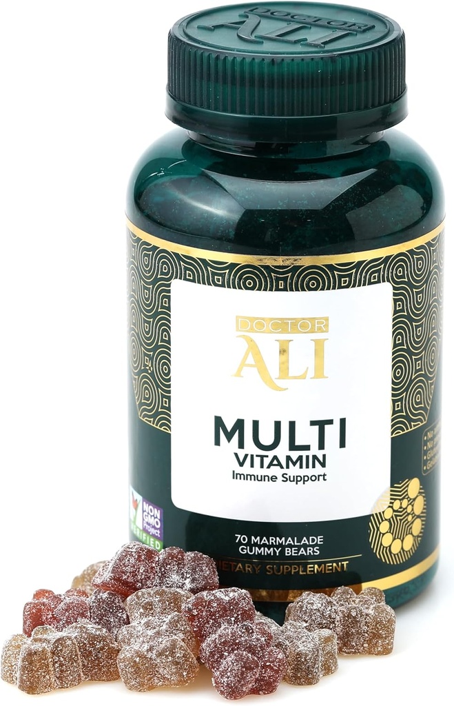 Arzt ALI Natürliche Multivitamin-Gummien | Organic Daily Gummies mit Vitamin A, C, & Essential Nährstoffe | Immununterstützung, Verdauung, Gehirn & Vision Gesundheit | Glutenfrei | Gelatinfrei | 70 Zähler