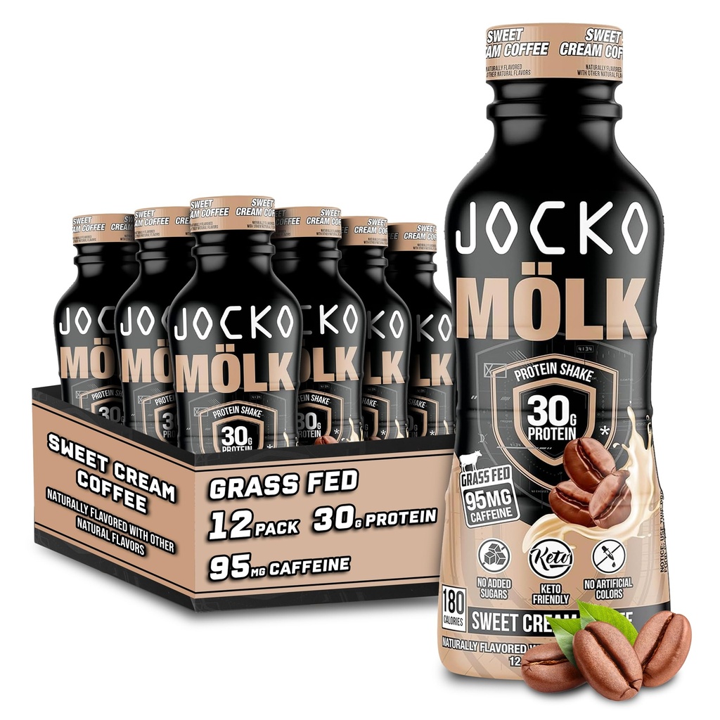 Combustible Jocko Mölk 30g Grass Fed Protein Shakes - No Added Sugar Protein Boissons KETO Friendly - Prêt à boire 12 FL Oz (paquet de 12) Café à la crème sucrée