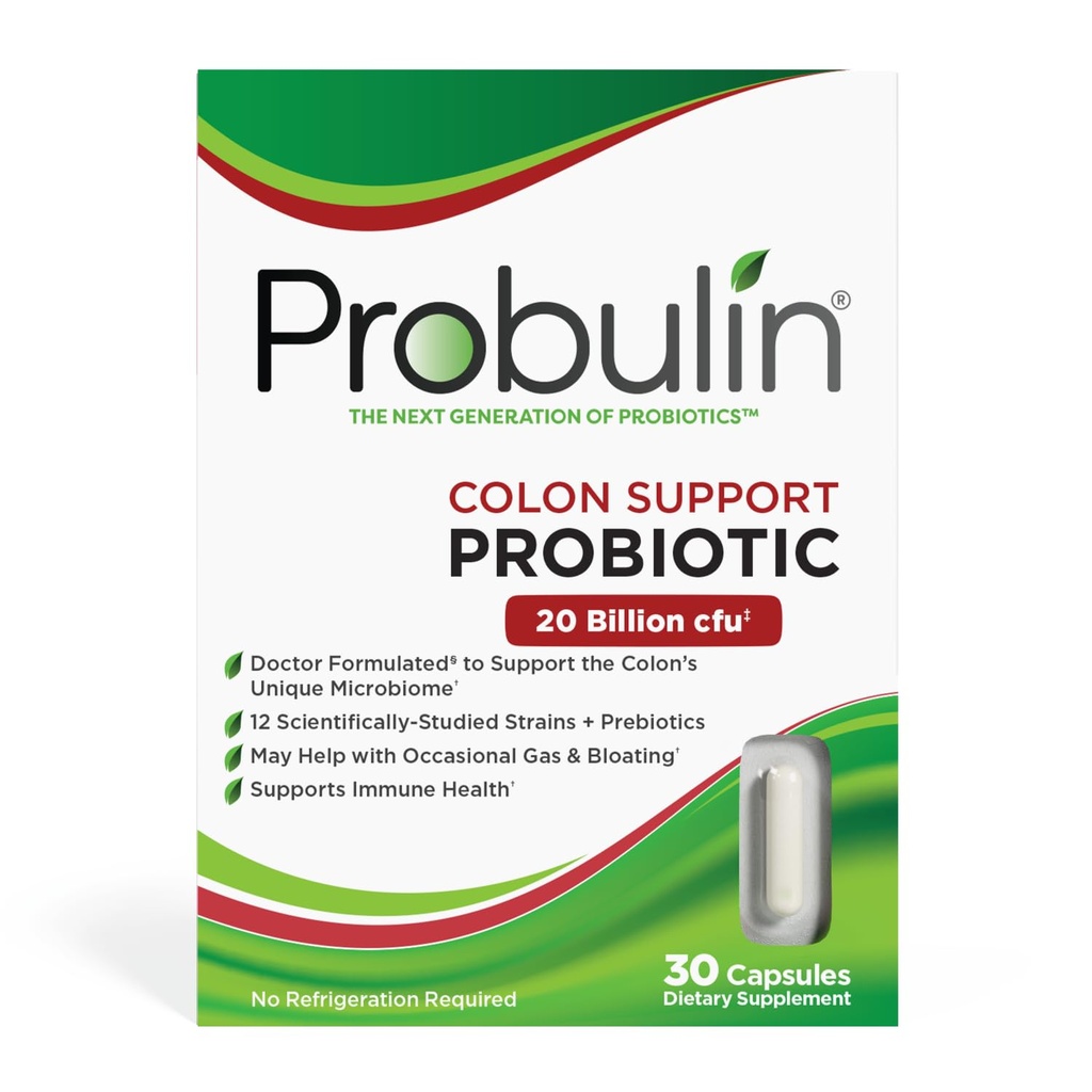 Probuline Colon Support Daily Probiotic + Prebiotic + Support Gut Health, Occasional Gas and Bloating - 20 milliards CFU - 12 souches, 30 capsules véganes