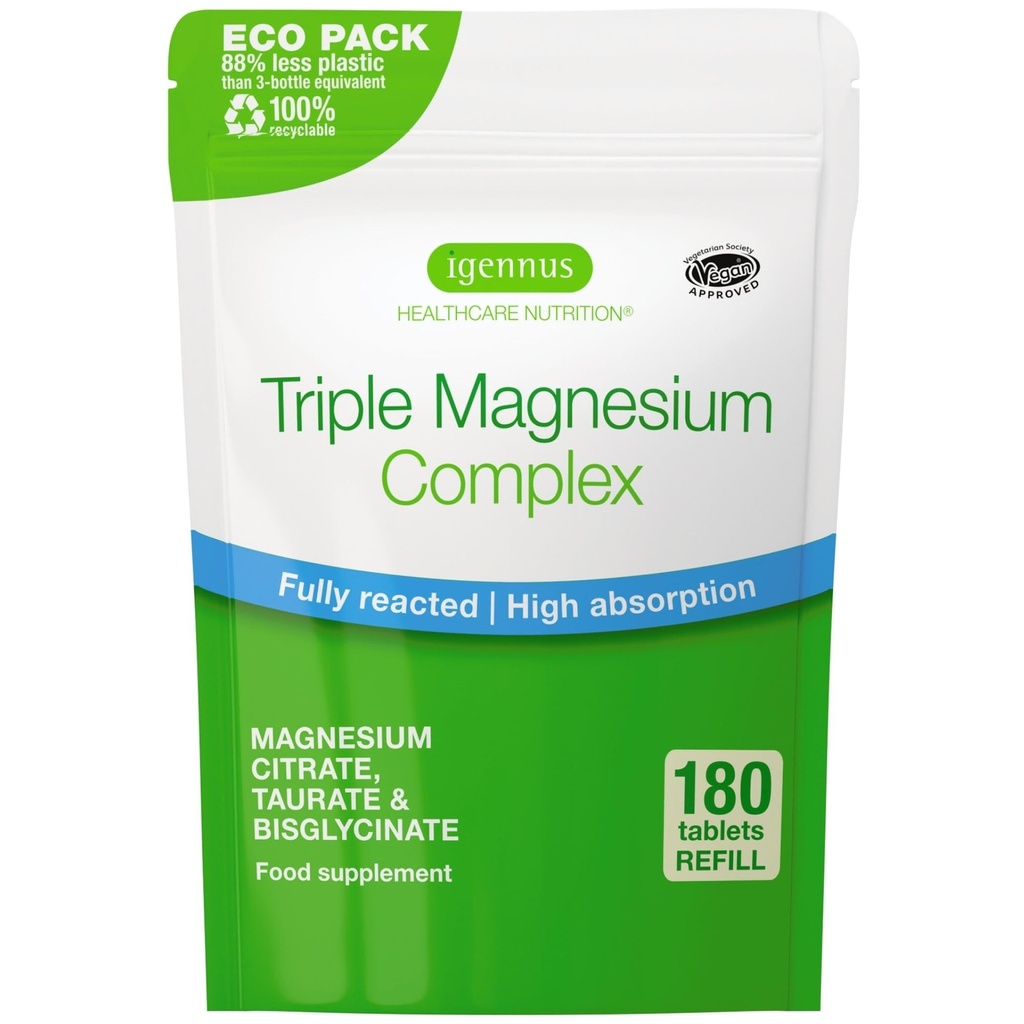 Igennus Superior Triple Magnesium Complex, vollumfänglich umgesetztes & Chelat Glycinat, Taurate & Citrate, Sauberes Label, Hohe Bioverfügbarkeit & Absorption, 180 Tabletten, Vegan, Non-Buffered