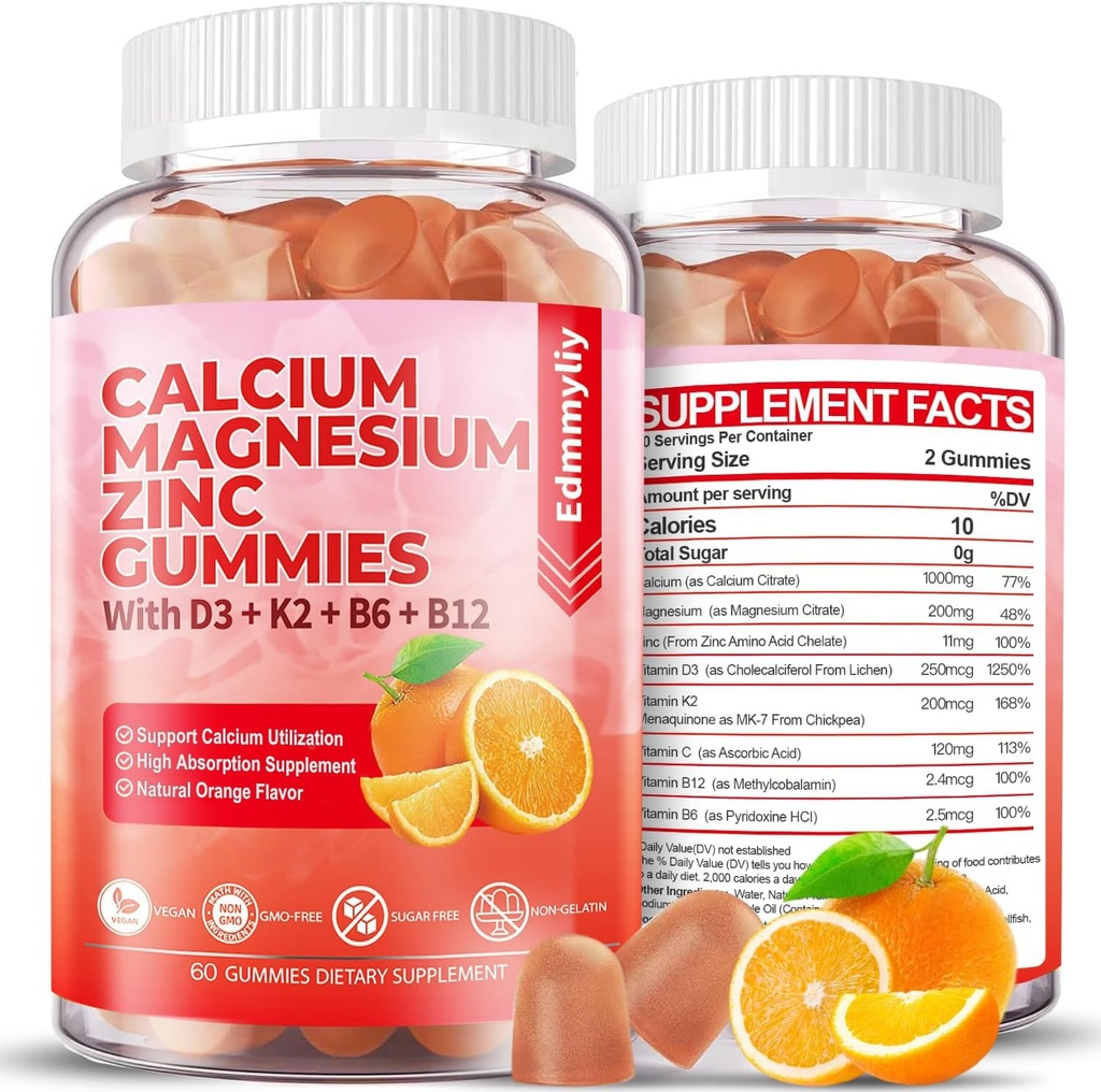 Zuckerfreies Calcium Magnesium Zink Ergänzungsgummis mit Vitamin D3 & B12 für Frauen und Männer Hohe Absorption Calcium Magnesium Ergänzung für Immununterstützung (120 Zähler)