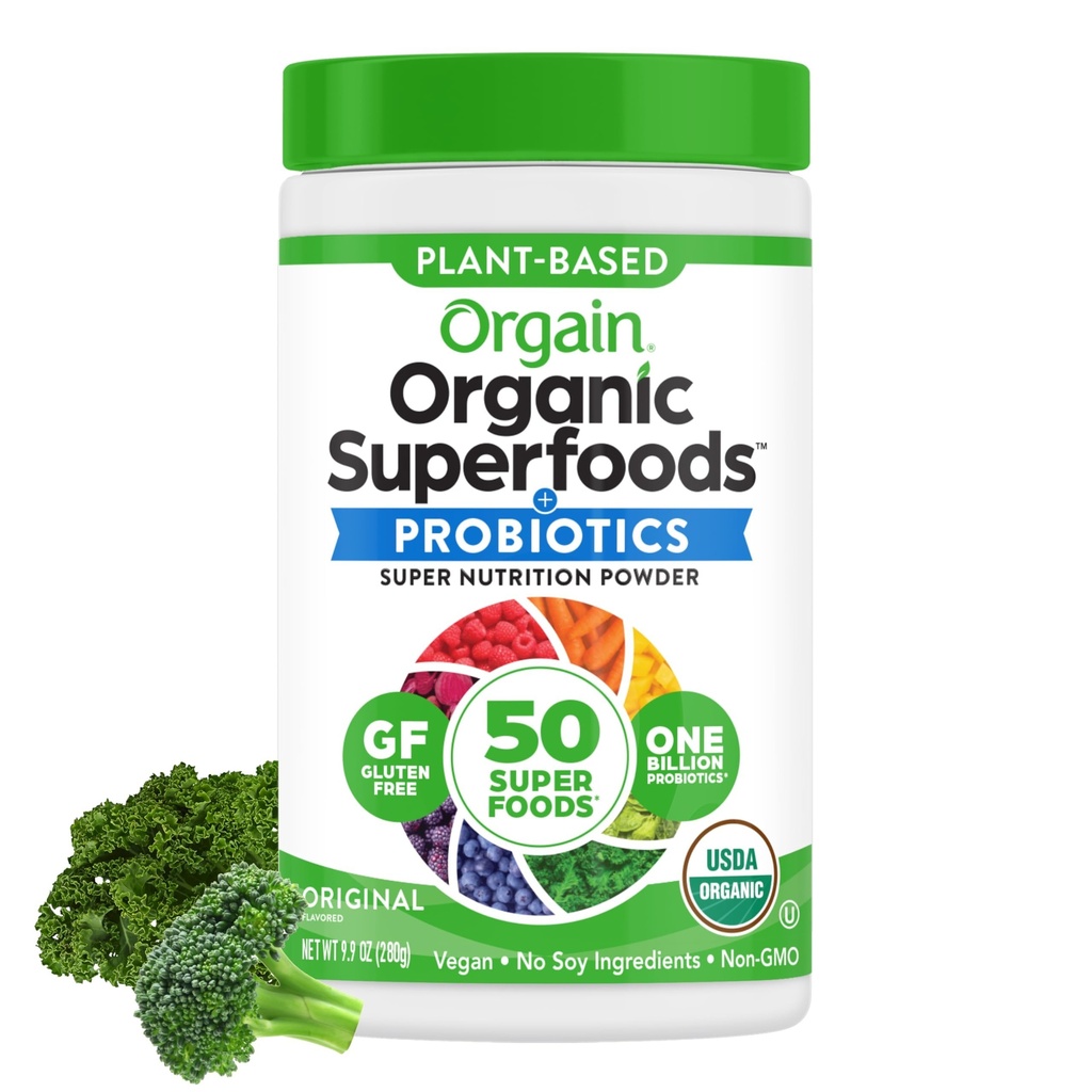 Poudre de légumes organiques + 50 superaliments, original - 1 milliard de probiotiques pour la santé digestive, antioxydants, végétalien, végétal, sans gluten, sans OGM, mélange de jus vert et de boisson smoothie - 0,62lb