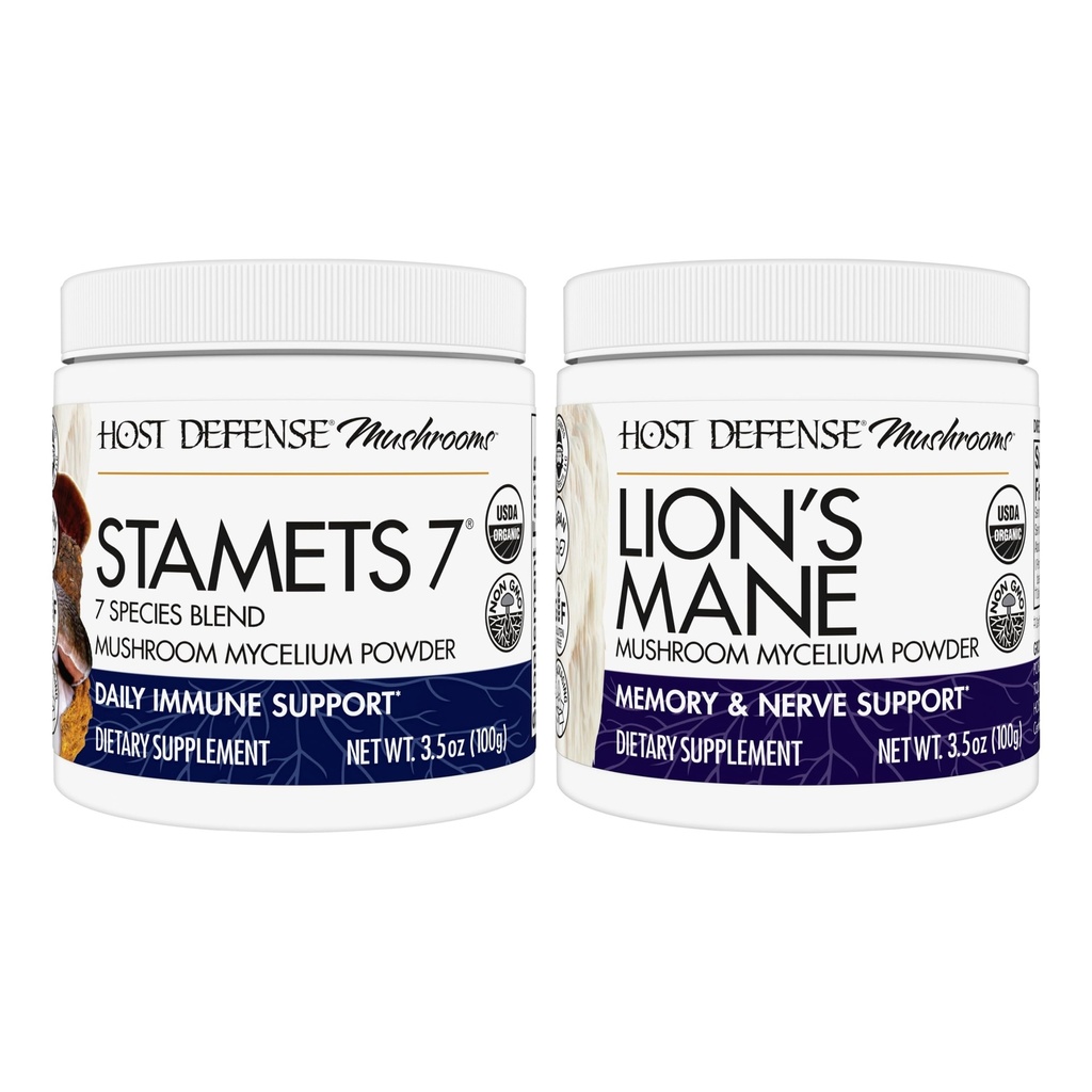 Host Defense Bundle mit Stamets 7 Pilzpulver, 3,5 oz & Lion's Mane Powder, 3.5 oz - Unterstützung Immune Health mit 7 Spezies Blend - Unterstützung Gehirn Gesundheit, Gedächtnis & Fokus*