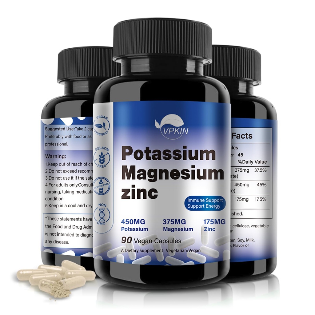 Kalium Magnesium Supplement 1000mg, Hohe Absorption Magnesium Kalium Zink Aspartat (90 Kapseln)