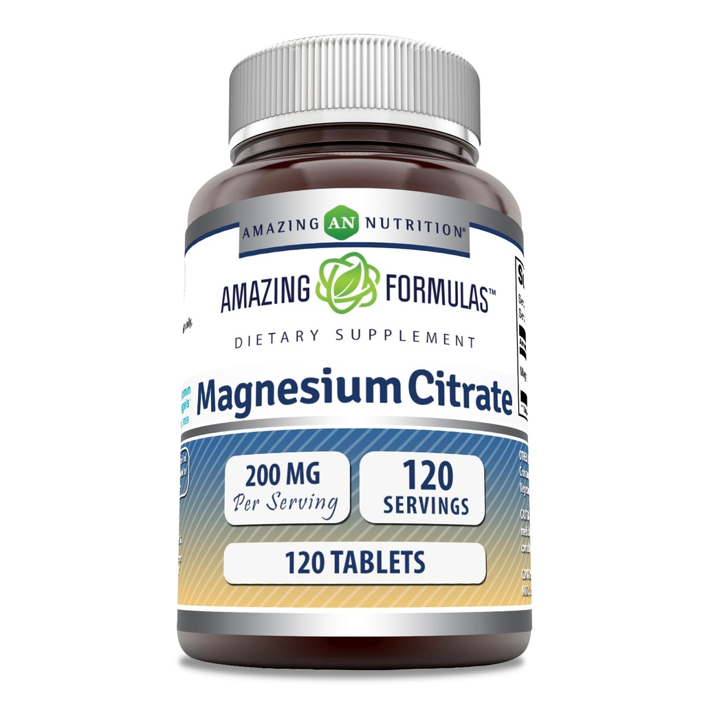Formules étonnantes Magnésium Citrate de 200 Mg Comprimés Supplément Minéral de 200 Mg Non-GMO , sans gluten , Fabriqué aux États-Unis (1 Pack, 120 Compte)