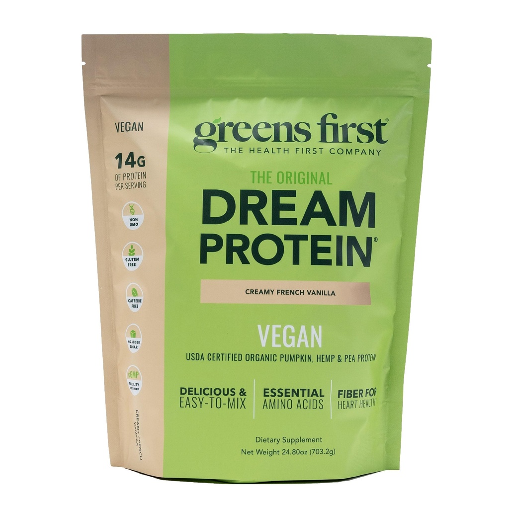 Greens First Dream Protein Pflanzenbasiertes Vegan-Pulver - USDA Organic Kürbis, Hanf & Pea Protein - Glutenfrei, Non-GMO, Kein hinzugefügter Zucker (Kreamy French Vanilla, 24.8 Unze)