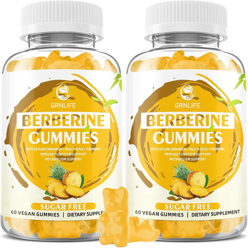 Berberine Gummis mit Ceylon Cinnamon 1500mg Hohe Potenz Berberine HCL-Ergänzung für Immun- und Stoffwechselunterstützung, Sugar Free, Ananas Flavor - 120 Count