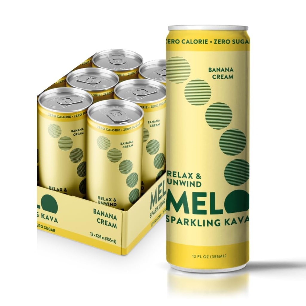 Melo Sparkling Kava Drink, Banana Cream, Sugar Free Non Alcoholic Drinks mit Zero Calories, Glutenfrei, Vegan, 100% Natural Mocktail mit 100mg Kava Root pro Drink, 6 Pack, 12 oz Cans