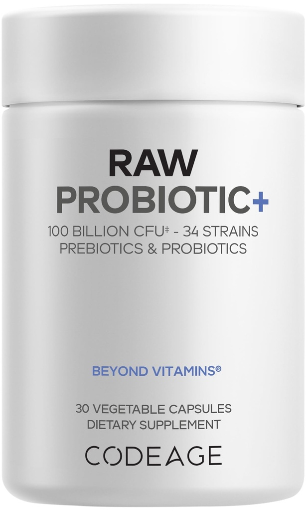 Codeage Raw Probiotic+ Supplement - 34 Probiotic Strains, 100 Billion CFUs, Raw Whole Food Probiotics, Verdauungsenzyme, Raw Fruits & Veggies Prebiotics - Wild Kefir Culture - Non-GMO - 30 Capsules