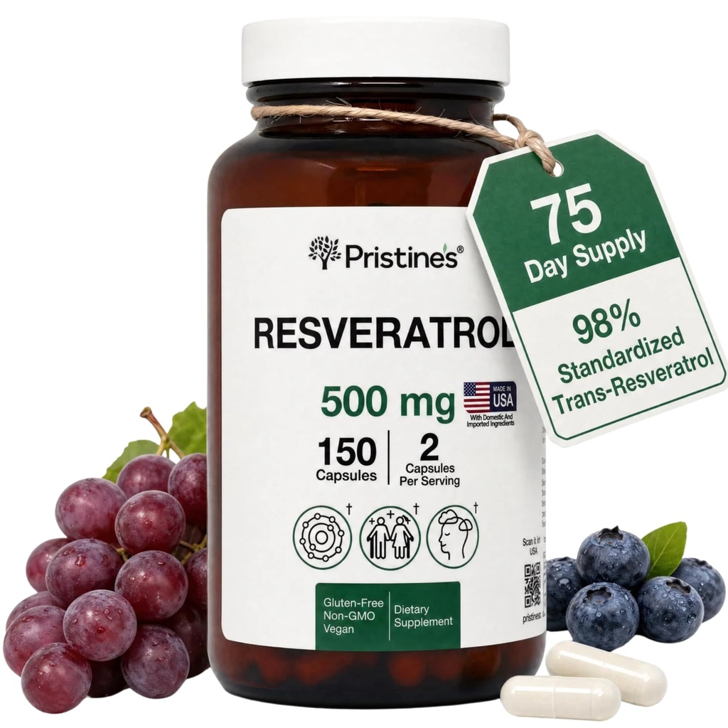 Resvératrol de PRISTINE 500MG 75 jours d'approvisionnement Anti-vieillissement Antioxydant et supplément de santé cardiaque Capsules - Cerveau et pulmonaire