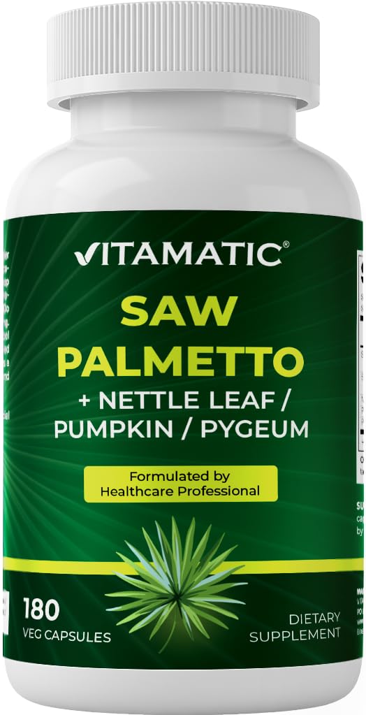 Extrait de Palmetto Vitamatic Saw pour hommes et femmes 180 capsules de légumes - Fabriqué avec des graines de citrouille, Pygeum, Nettle Leaf - Fabriqué aux États-Unis - favorise la santé de la fonction de la prostate