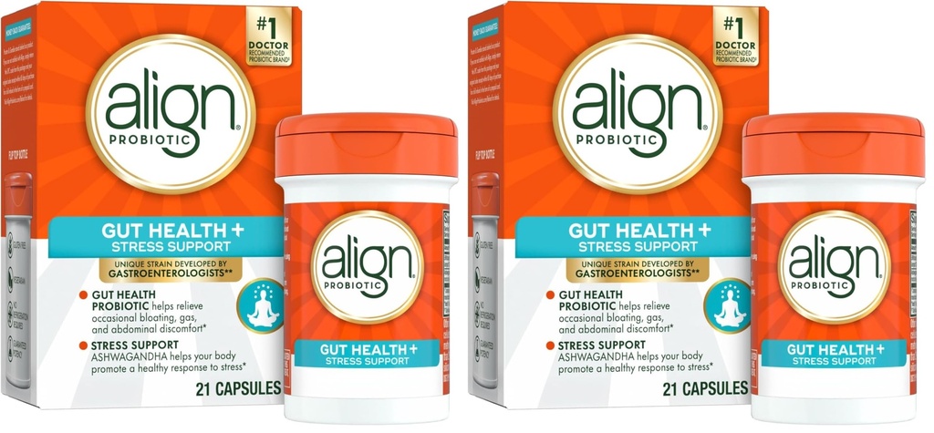 Aligner Probiotique, Digestive De-Stress, Probiotique pour les femmes et les hommes avec Ashwagandha, Aide avec une réponse saine au stress, sans gluten, sans soja, végétarien, 21 capsules (paquet de 2)