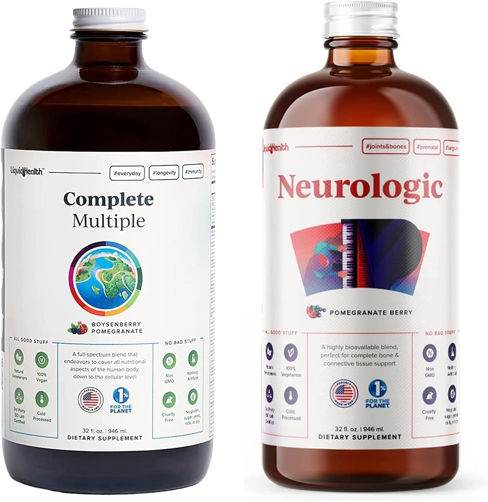 LIQUIDHEALTH Complete Multiple Daily Multivitamin & Neurologic Nootropic Liquid Vitamin Bundle für Erwachsene - Boost Immune Support, Verbesserung Gedächtnis, Fokus & Konzentration - Vegan, Non-GMO, Made in USA